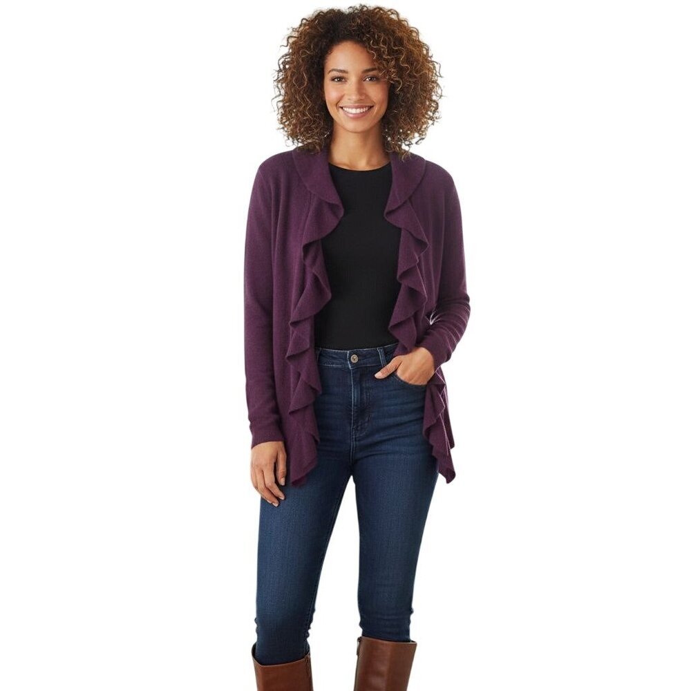 Wild About Cashmere Plum Ruffled Open Front Cashmere Cardigan Sweater Size XL